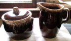 HULL OVEN PROOF BROWN PORCELAIN SUGAR BOWL & CREAMER SET, NO CHIPS/CRACKS, USED