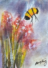 Watercolor Aceo 2.5 X 3.5 Original Painting By Mary King - Bee And Flowers