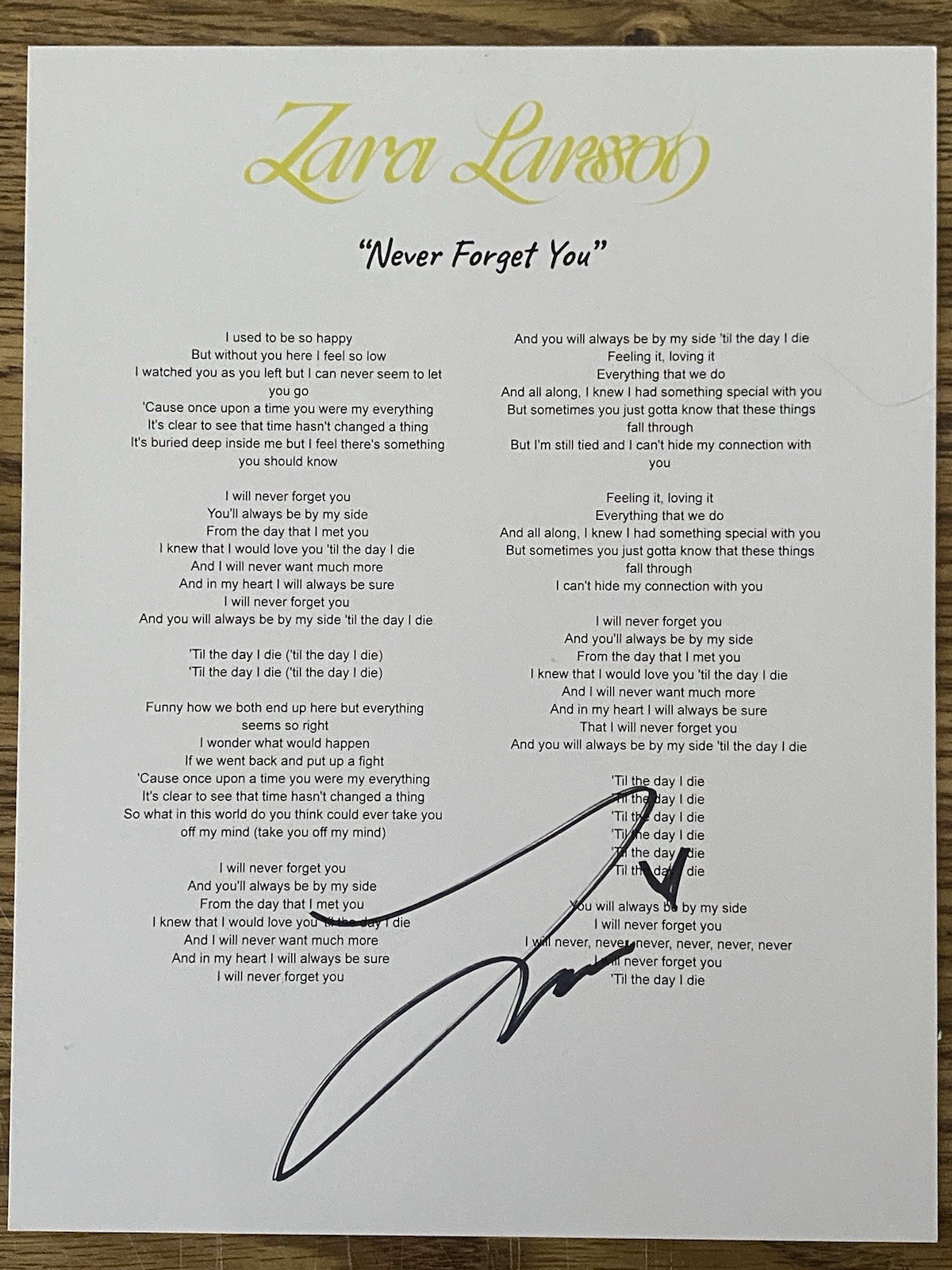 Lyric Sheet 'Never Forget You' Pop And Dance Singer