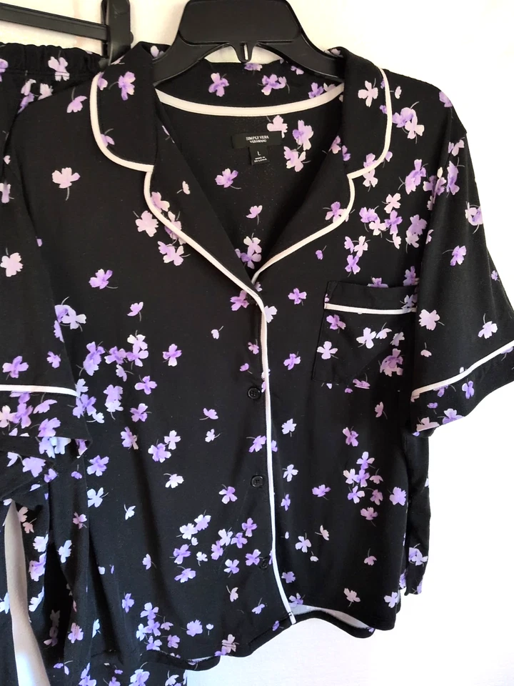 SIMPLY VERA WANG L Conjunto de Pijama Floral Negro Rosa Confort Atletismo Relajado Capri Foto 2 de 4