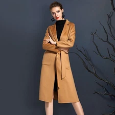 Women's 100% Cashmere Trench Coat New Wool Warm Lapel Collar with Belted Jackets