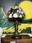 Vintage Tiffany Style Stained Glass Table Lamp Pink Floral Butterfly Design