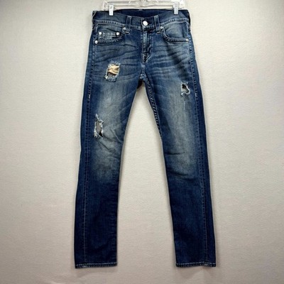True Religion Jeans Mens 32x34 Blue Denim Pants Distressed Faded Slim Midnight