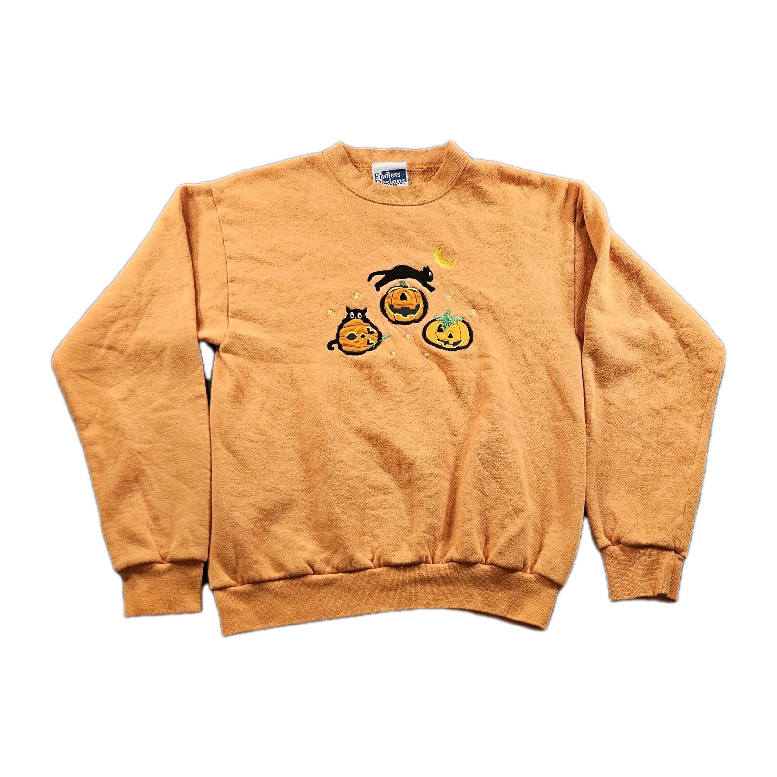 Vintage Halloween 90s Made In USA Orange Embroidered Crewneck Sweatshirt Size M