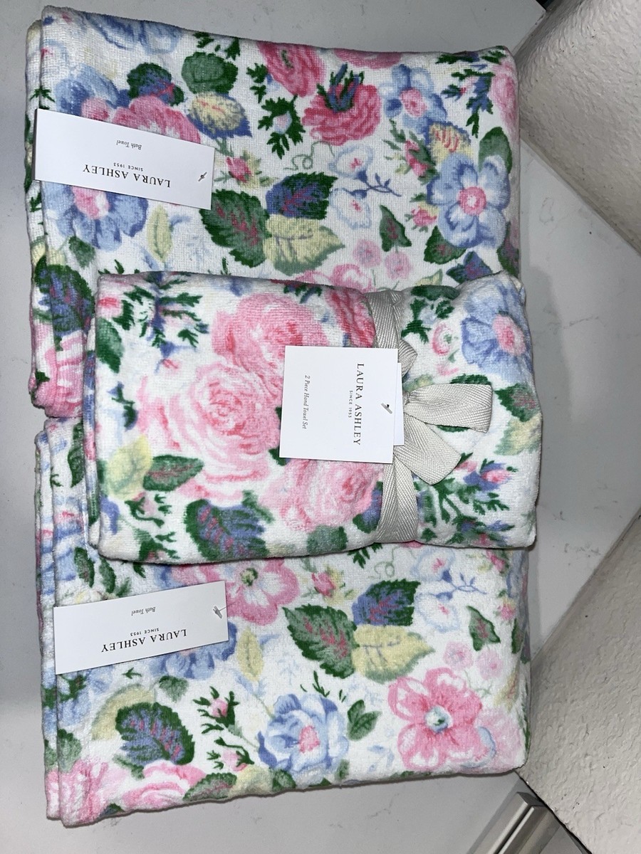 4-NWT LAURA ASHLEY WHITE PINK AND GREEN FLORAL TOWELS SET BUNDLE