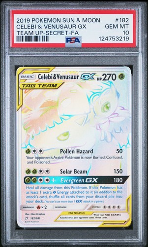 2019 POKEMON SUN & MOON TEAM UP SECRET #182 FULL ART/CELEBI & VENUSAUR GX PSA 10