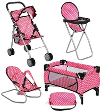 4-Piece Doll Play Set: Stroller, High Chair, Pack N Play, Infant Seat for 18"...