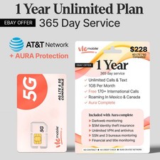 VLE Mobile AT T SIM Phone Plan Unlimited Minutes 12GB Data 365 Days not Tracfone