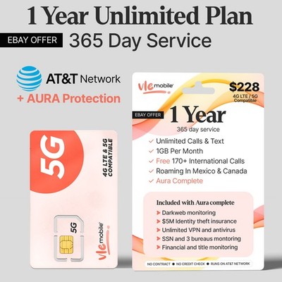 VLE Mobile AT&T SIM Phone Plan Unlimited Minutes 12GB Data 365 Days not Tracfone