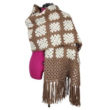 New Handmade Crochet Granny Square Shawl Wrap Scarf Brown Cream Boho Fringe