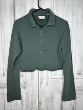 Joah Brown Green Aspen Cropped Slouchy Oversized 1/2 Half Zip Sweatshirt Top S/M