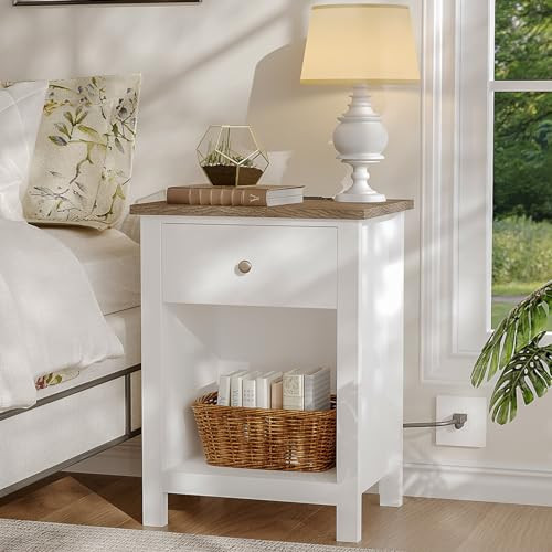 Farmhouse White Nightstand with Wooden Top and USB Charging Station