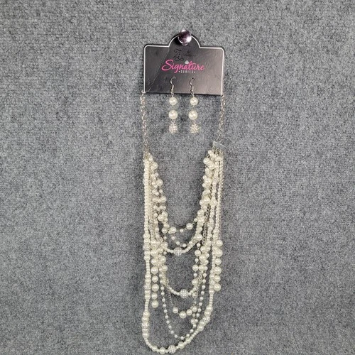 Paparazzi Zi Collection White Pearl Necklace Earring Set Rhinestone Layered HUGE