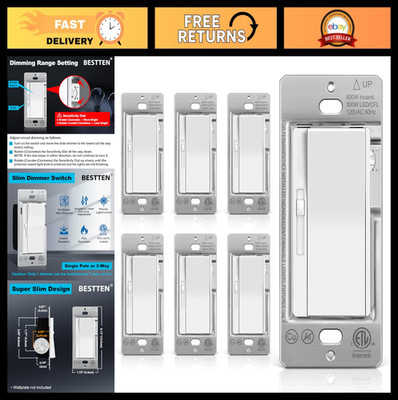 6 Pack Super Slim Slide Dimmer Switches, LED/CFL/Incandescent Compatible, ETL Li