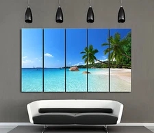 Beach/Palm Trees/Seascape ready to hang 5 panel MDF wall art PVC canvas mounted