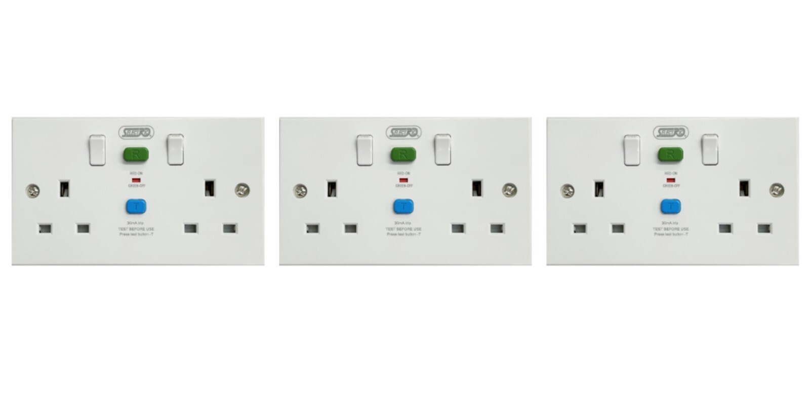 3 x Selectric LGRCD-2 Twin RCD Switch Socket 13amp 30mA White (Passive/Latching)