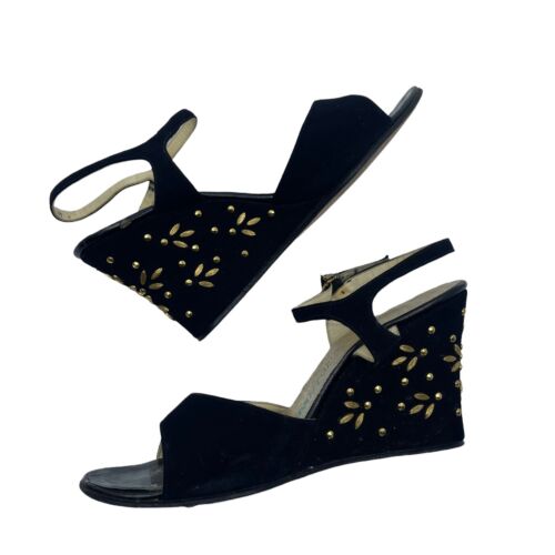 D'Antonio Black Velvet Wedges Vintage Heels Gold Studs Open Toe Size 8.5 N - Foto 1 di 12