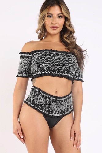 Women Embroidered Smocking Cold Shoulder RuffleBandeau Bikini Swimwear Beachwear - Picture 20 of 43