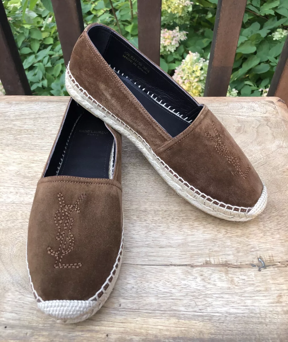 NEW! $525 ~ SAINT LAURENT YSL Logo Suede Espadrille Flats Brown 36.5/US 6.5