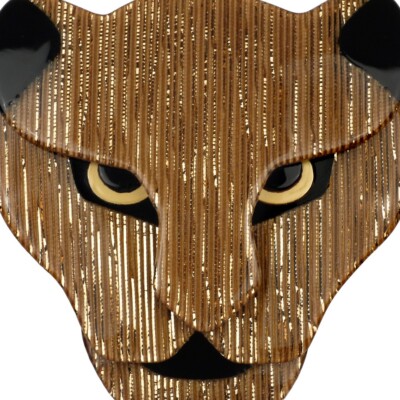 LEA STEIN PARIS Brooch Puma Head In Beige & Black Acetate W Gold Lurex France