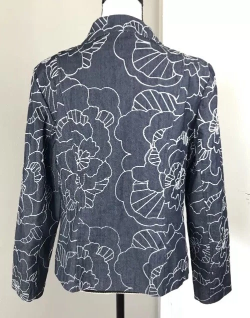 Abrigo Chaqueta Jeans Bordados RQT Para Mujer Talla M Mediano Floral Elastizado Azul Botón Foto 4 de 4