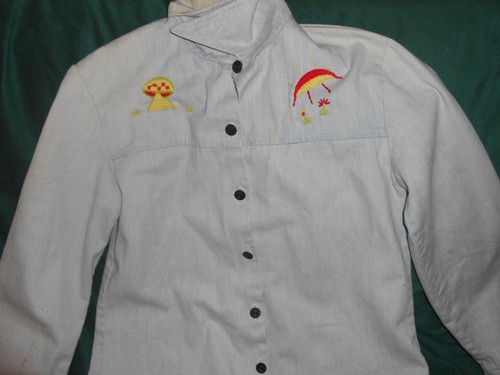 Mens Vintage 1970"s Hippy Hand Embroidered One-Of Light Blue Denim Shirt Jacket - Picture 2 of 10