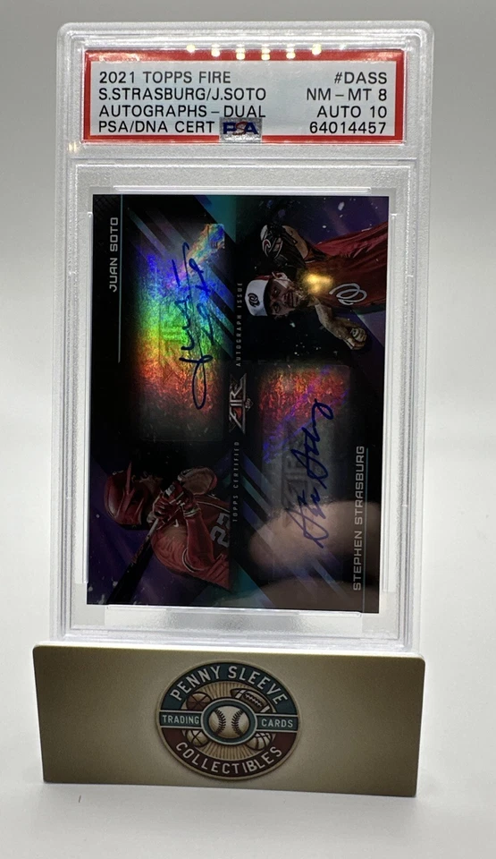 2021 Topps Fire JUAN SOTO STEPHEN STRASBURG  Dual Autos 15/20  PSA NM-MT 8 - Image 3 of 4