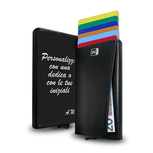 PORTACARTE PORTAFOGLIO NERO IN PELLE CARTE DI CREDITO RFID PERSONALIZZATO  DEDICA | eBay
