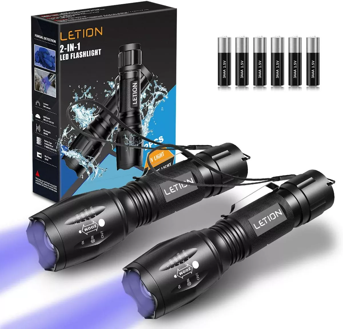 LETION UV Flashlight Black Light 2 in 1 2 Pcs UV Light LED Black