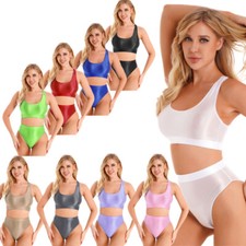 Women's Swimwear 2 pieces Bikini Set Glossy Crop Tops with Thongs Workout Suit