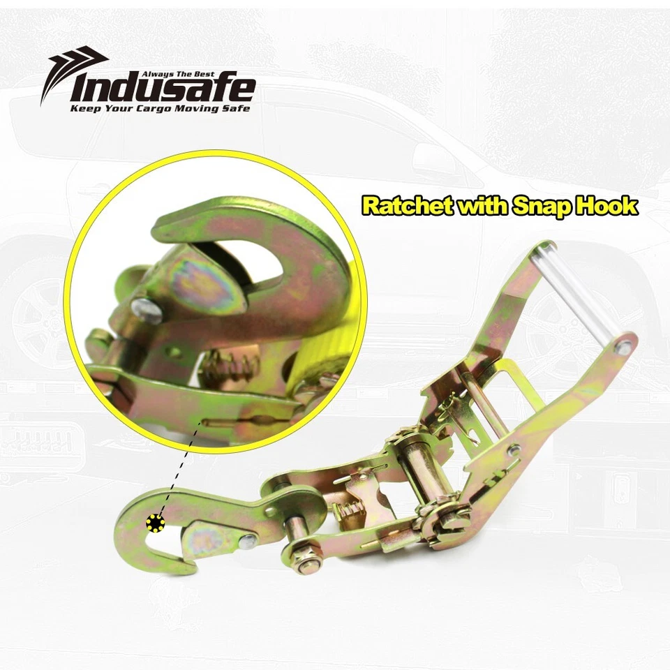 Paquete de 4 correas de amarre para coche Indusafe de 2"x96" con ganchos a presión, trinquete Foto 3 de 4