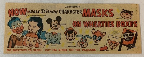 1951 Wheaties Walt Disney masks newsprint ad~Dumbo, Pinocchio, Brer Rabbit, more