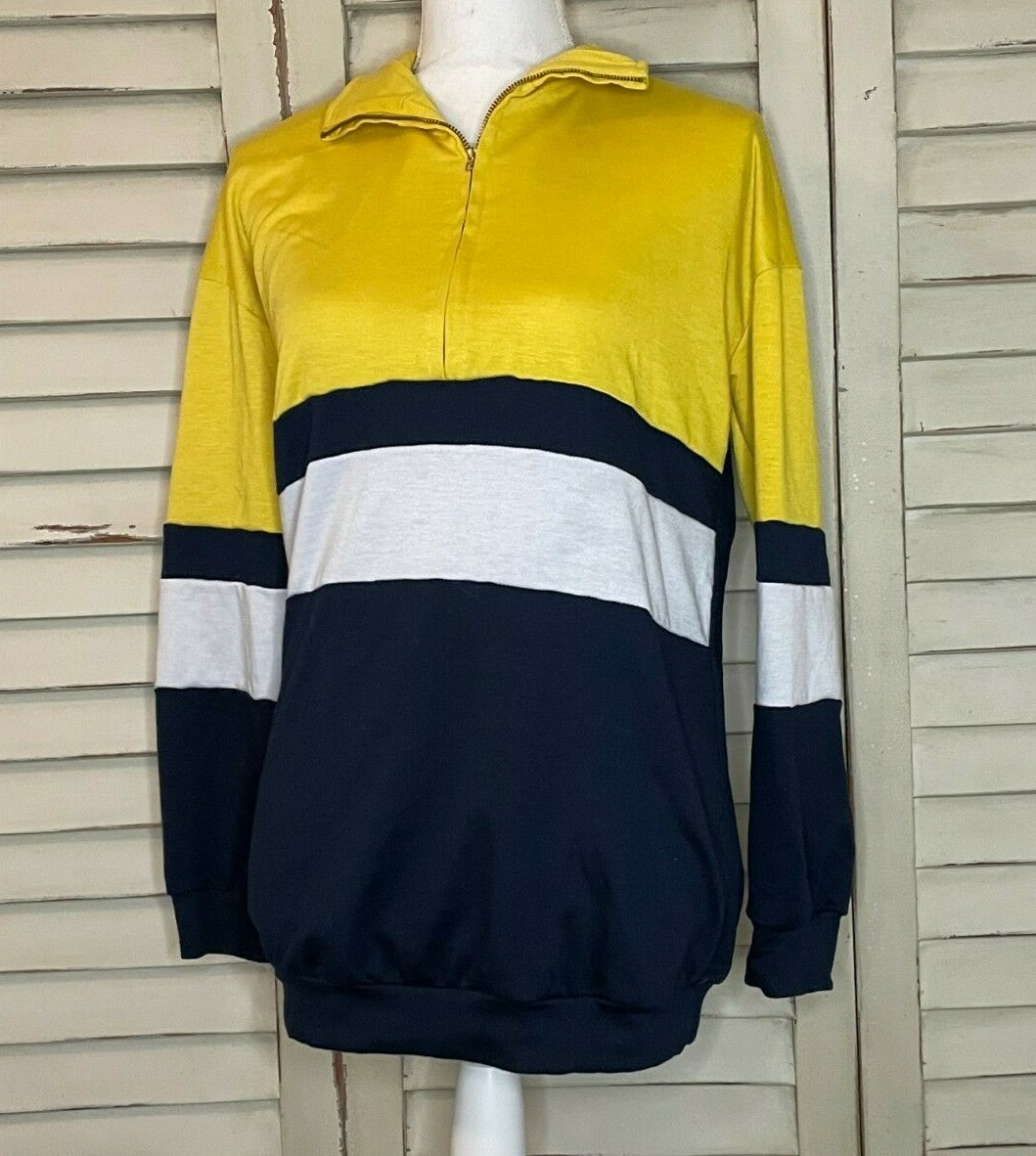 Dark Navy Blue Yellow White Color Block Striped Qtr Zip
