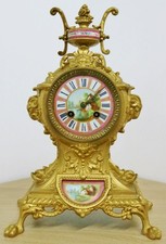 Beautiful Antique French 8 Day Gilt Metal & 3 Pink Sevres Porcelain Mantel Clock