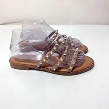 Steve Madden Sandals Womens 8 Tan Lowell Silver Studded Strappy Flats Slip On