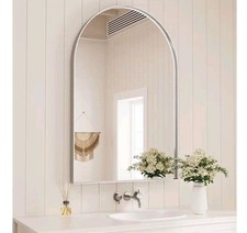 Arched Brushed Silver Bathroom Mirror 38 x 26 Metal Framed Wall-mounted Tempered