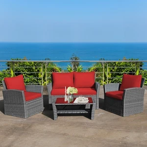 4PCS Patio Rattan Furniture Set Sofa Table W/Storage Shelf And Cushion