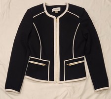 Women s Calvin Klein Black White Piped Full-Zip Blazer Sz 4