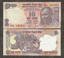 INDIA 10 RUPEES P89b  L  ND 1996 x 1 Pcs UNC GANDHI TIGER RHINO CR SIGN BANKNOTE