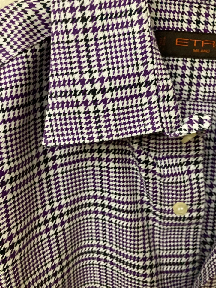 EUC ETRO Button Down Shirt Houndstooth Purple/White 17.5/44 - Image 4 of 4