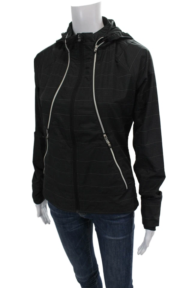 Chaqueta deportiva Athleta para mujer con capucha manga larga cremallera completa negra a rayas talla XS Foto 2 de 4