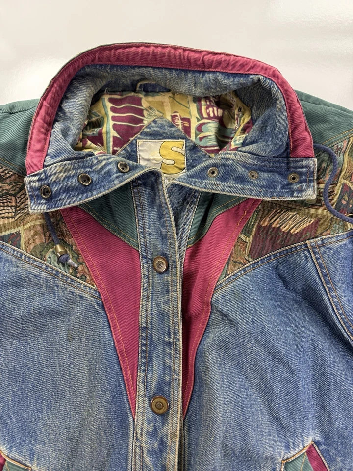 Chaqueta VINTAGE Current Seen M Azul Denim Multicolor Forrado Azteca Abrigo Bombardero Años 90 Foto 4 de 4