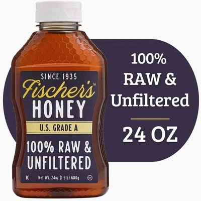 FISCHER'S Fischers Honey, 24oz Raw and Unfiltered, Local 100% US Grade Squeeze Bottle New