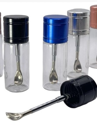 One Mini Glass Bottle Jar w/ Telescopic Tiny Spoon Scoop Metal Alloy Top Lid NEW