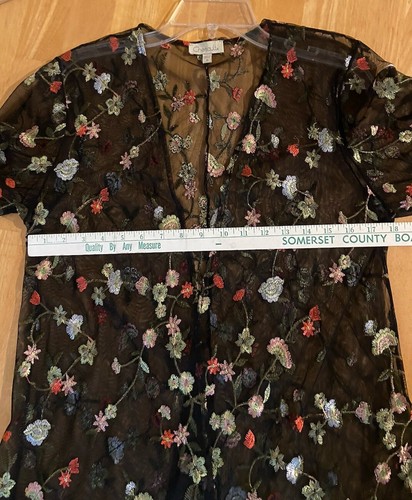 Chenault Floral Embroidered Sheer Overlay Womens Medium Black Top Y2K Duster - Picture 12 of 16