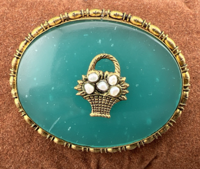 #ad Vintage Green Glass Brooch Ornate Brass Frame Seed Pearl Flower Basket $17.14