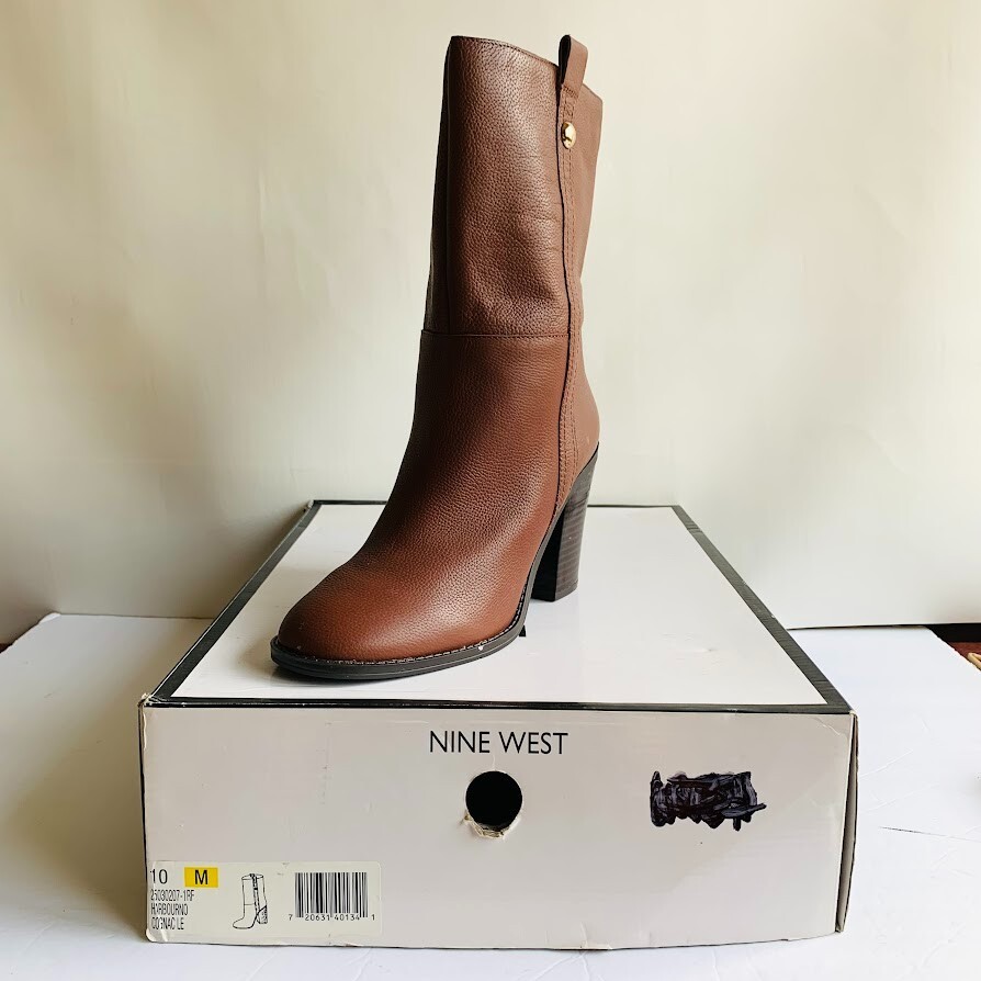 Nine West Women's HARBOURNO Cognac Leather High Heel Mid-Calf