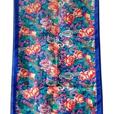 Vintage Red Roses Flower Paisley Rectangle Scarf Shawl 11" X 53" Aqua Blue White