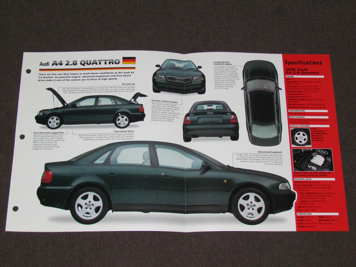 1995-1998 AUDI A4 2.8 QUATTRO Car SPEC SHEET BROCHURE PHOTO