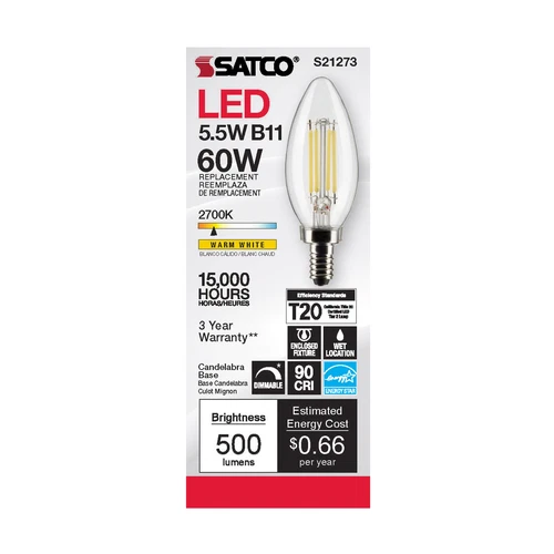 6 Pack Satco S21273 LED Filament 120V 5.5W 60W Torpedo B11 Candelabra E12 2700K - Picture 8 of 12